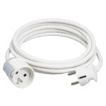 Cordon RALLONGE – FICHE 2P+T MALE COUDEE // FICHE 1P+T FEM. DROITE – CABLE 3X1,5MM² – Blanc – 5M