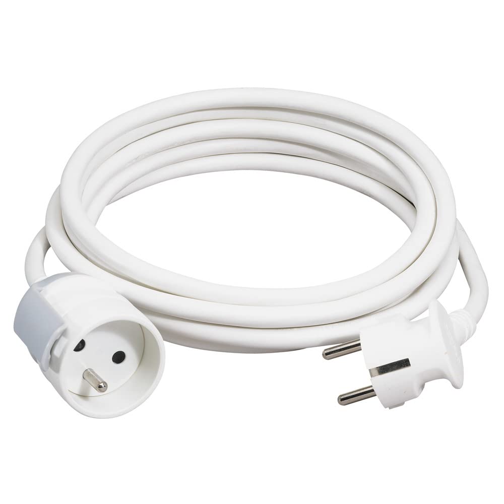 Cordon RALLONGE – FICHE 2P+T MALE COUDEE // FICHE 1P+T FEM. DROITE – CABLE 3X1,5MM² – Blanc – 5M